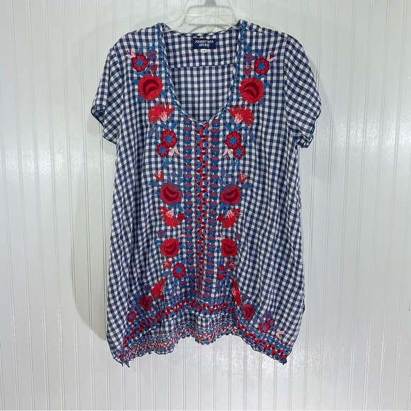 Johnny Was Workshop Embroidered Gingham Top- blue White floral boho peasant sz L - Picture 1 of 8